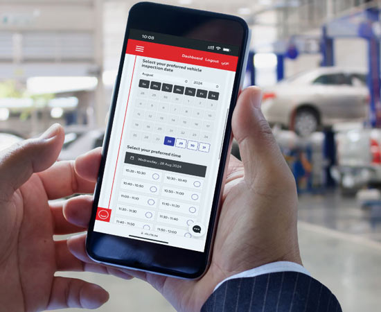 an image of mobile app to vehicle inspection date and time