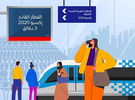 صورة علوية  قطارات مباشرة تتّجه إلى محطة إكسبو 2020 ومحطة الإمارات العربية المتحدة للصرافة