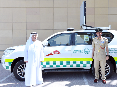 an image of Al Tayer and Al Marri launch Traffic Incidents Management Unit vehicles on Sh MBZ Rd