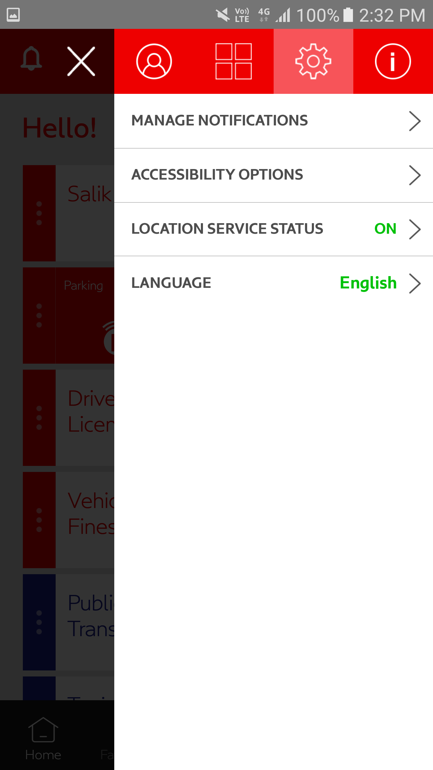 RTA Dubai app dashboard