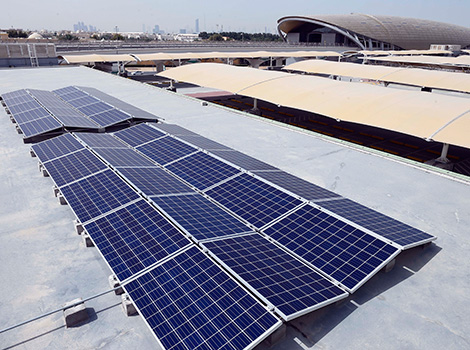 an image of the solar panels on the rooftop of Al-Qusais Car Parking Terminal